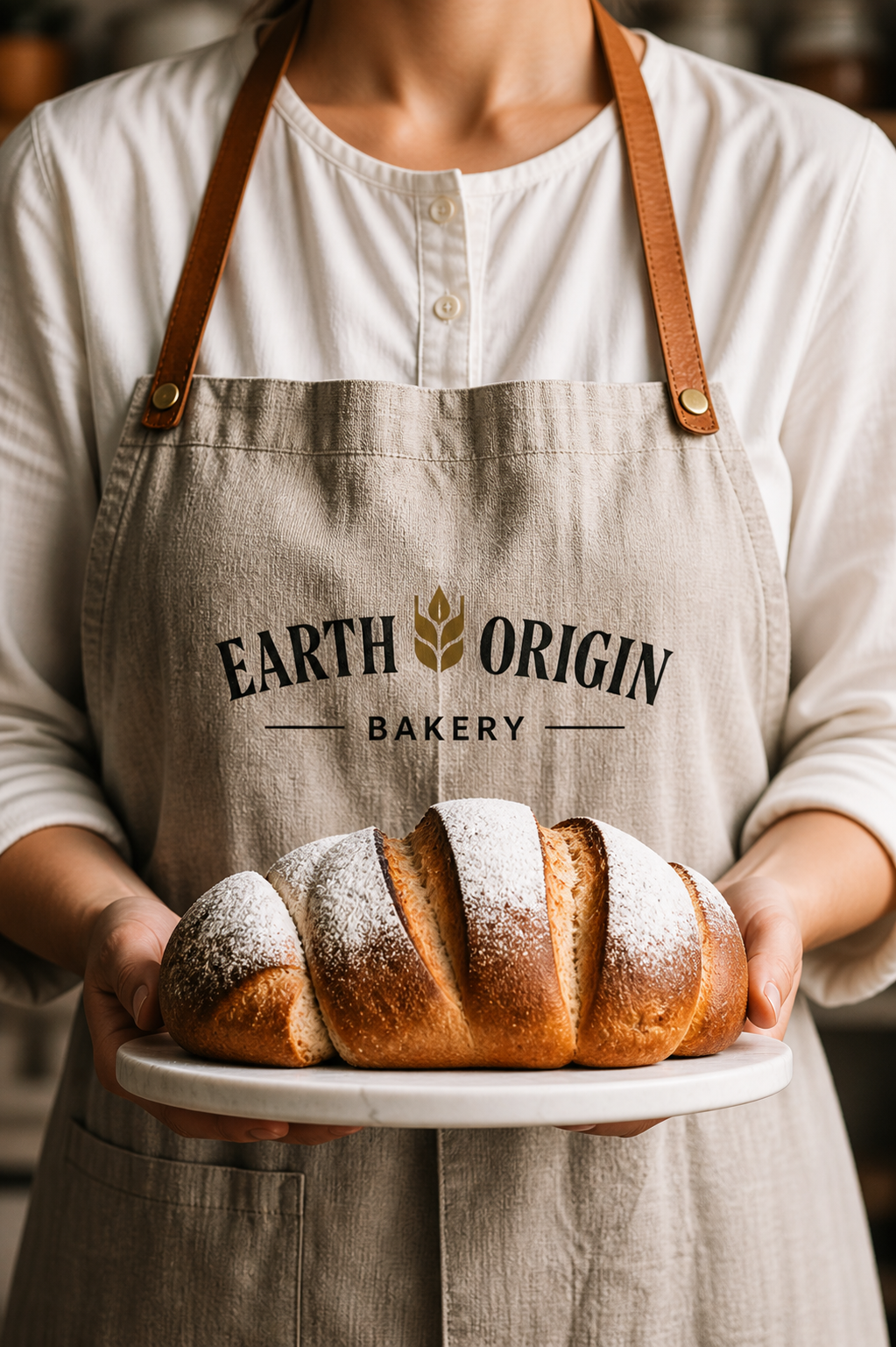 Earth Origin baker holding a fresh artisan loaf