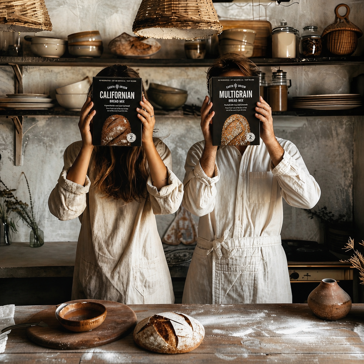 Earth Origin bread mixes styled in a warm kitchen